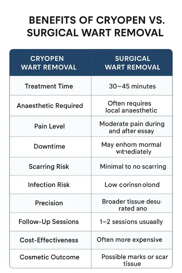 Table showing the benefits of cryopen to remove warts Ellesmere Port compared to surgical treatment